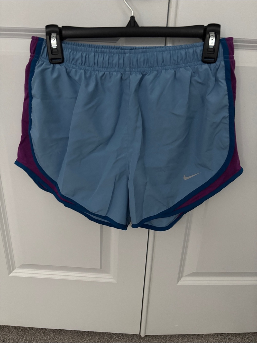 Nike Women's Sky Blue Athletic Shorts with Navy and Magenta Trim